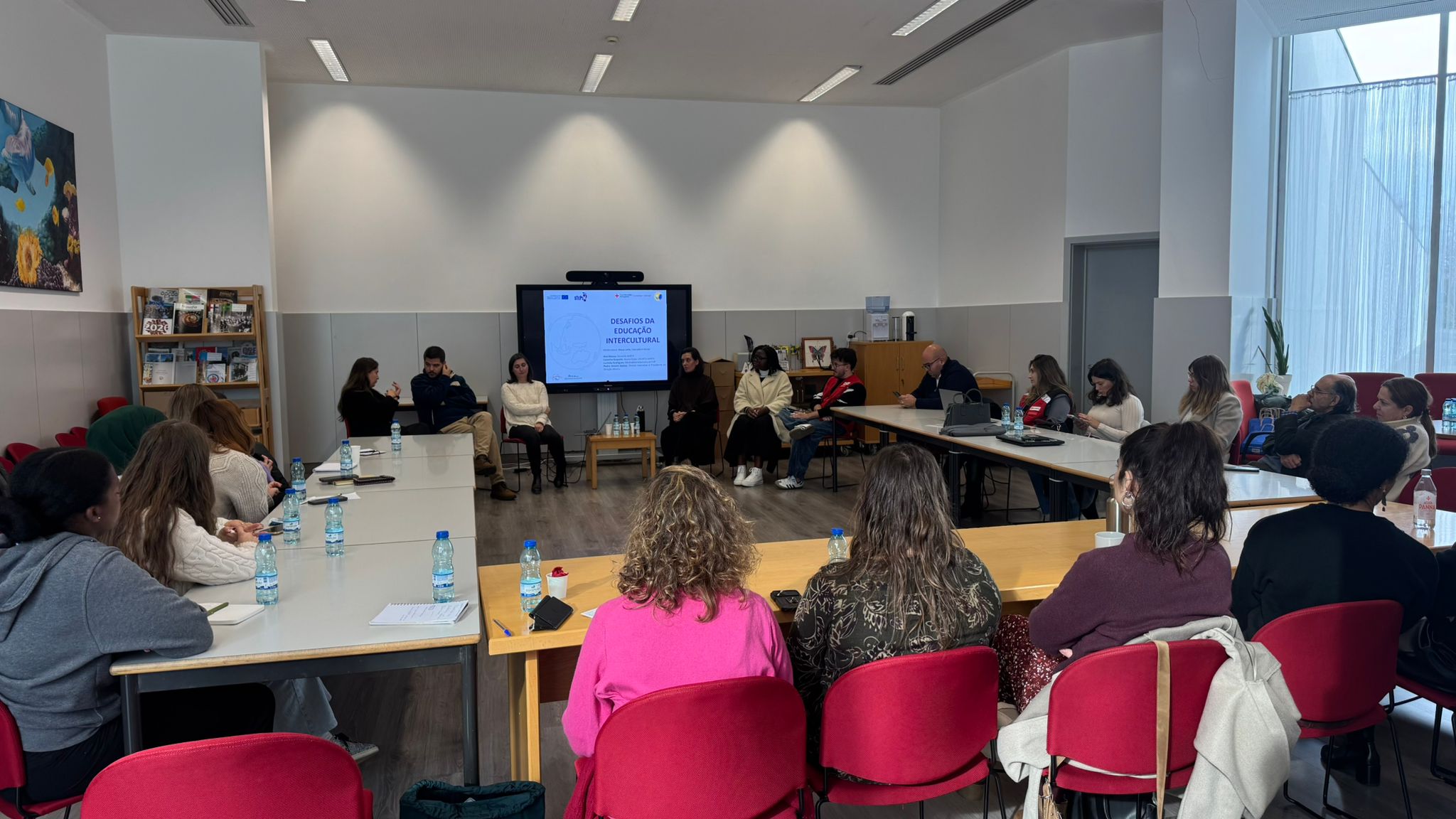 Students collaborating in a modern classroom.